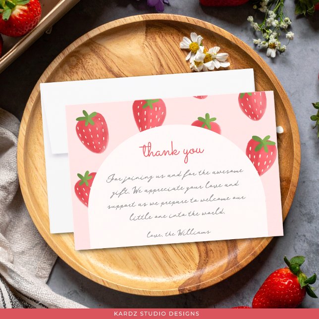 Watercolor Strawberry  Baby Shower Thank You Cards (Front of flat thank you card is shown in 3.5 x 5 inches. )