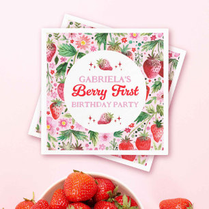 Watercolor Strawberry Berry 1st Birthday Girls Napkins