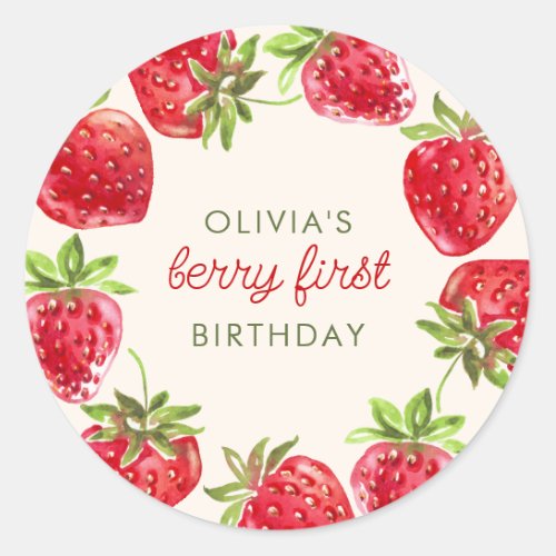 Watercolor Strawberry Berry First 1st Birthday Classic Round Sticker