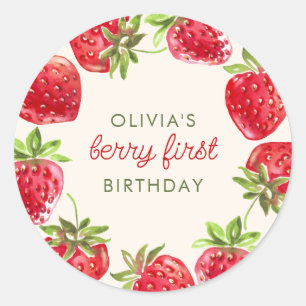 Watercolor Strawberry Berry First 1st Birthday Classic Round Sticker