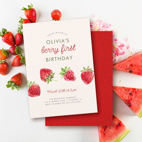 Watercolor Strawberry Berry First 1st Birthday Invitation