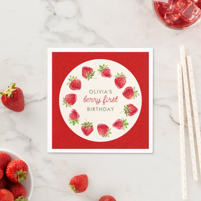 Watercolor Strawberry Berry First 1st Birthday Napkins (Insitu)