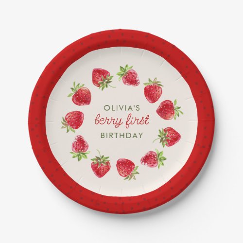 Watercolor Strawberry Berry First 1st Birthday Paper Plates