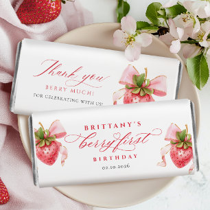 Watercolor Strawberry Berry First Birthday Hershey Bar Favors