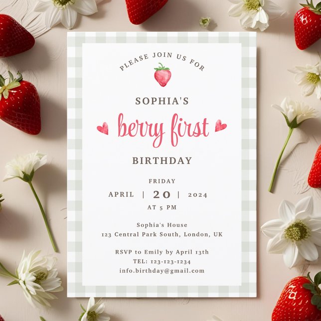 Watercolor Strawberry Berry First Birthday Invitation (Creator Uploaded)