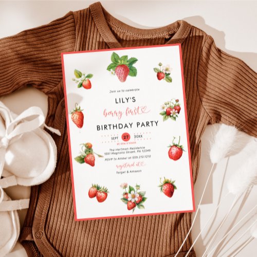 Watercolor Strawberry Berry First Birthday Party Invitation