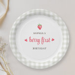 Watercolor Strawberry Berry First Birthday Party Paper Plates<br><div class="desc">Custom-designed girl's first birthday party paper plates featuring "berry first" modern hand script with watercolor strawberries and buffalo check design.</div>