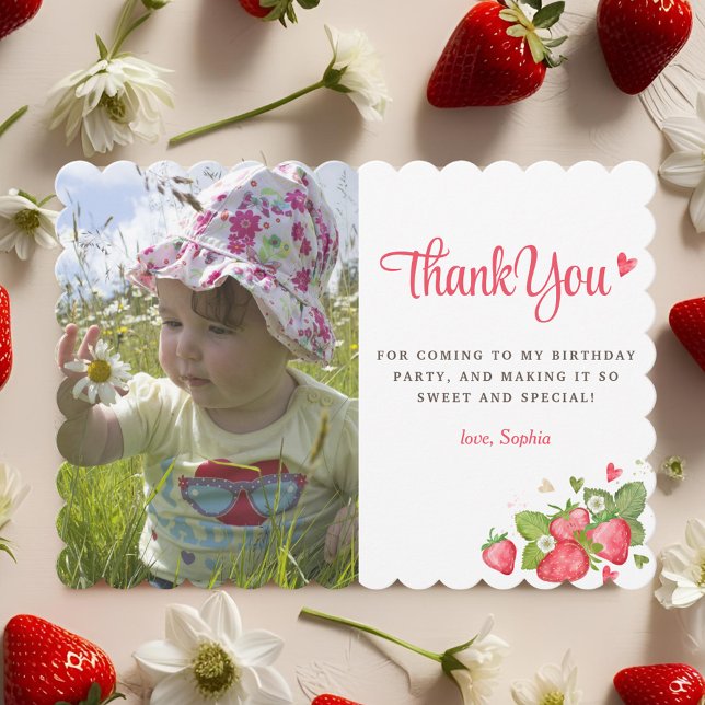 Watercolor Strawberry Berry First Birthday Photo Thank You Card (Creator Uploaded)