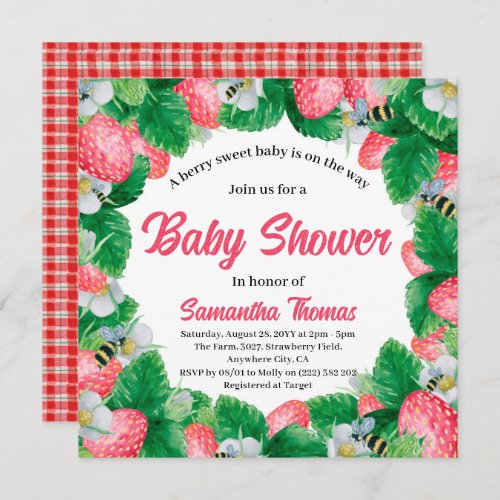 Watercolor Strawberry Berry Sweet Baby Shower Invitation