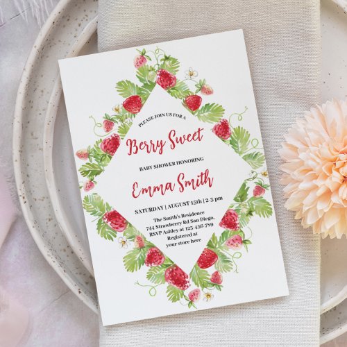 Watercolor Strawberry Berry Sweet Baby Shower Invitation