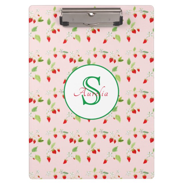 Watercolor Strawberry Blossom Pattern Monogram Clipboard (Front)