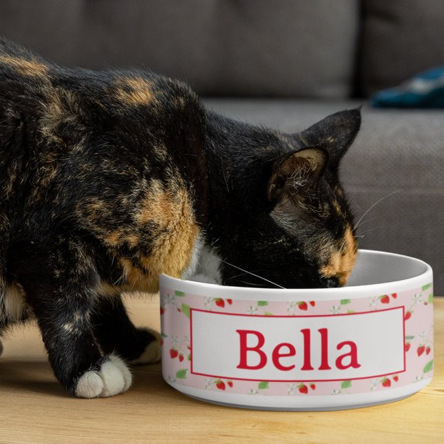 Watercolor Strawberry Blossoms Pattern Pet Bowl (Delightful pet bowl: Customized with watercolor strawberry blossoms!)