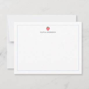 Watercolor Strawberry Blue Border Personalized Note Card