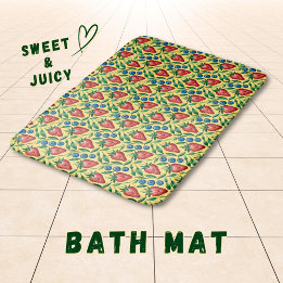 Watercolor Strawberry Blueberry Pattern on Yellow  Bath Mat