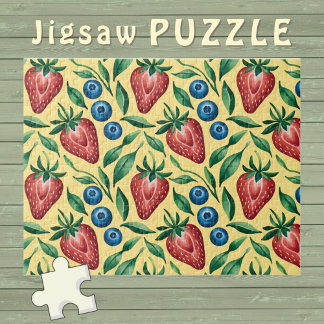 Watercolor Strawberry Blueberry Pattern on Yellow  Jigsaw Puzzle