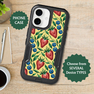 Watercolor Strawberry Blueberry Pattern on Yellow iPhone 16 Case