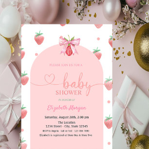 Watercolor Strawberry Bow Baby Shower Invitation