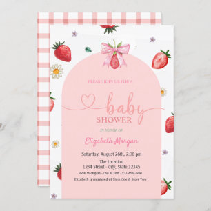 Watercolor Strawberry Bow Red Plaid Baby Shower  Invitation