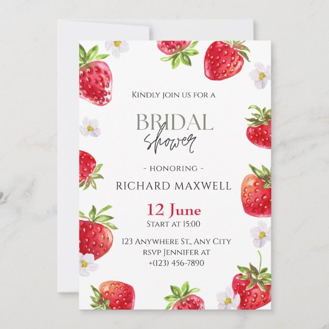 Watercolor Strawberry Bridal Shower Invitation (Front)