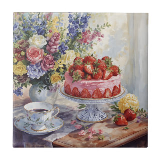Watercolor Strawberry Cake and Flowers Still Life  Ceramic Tile