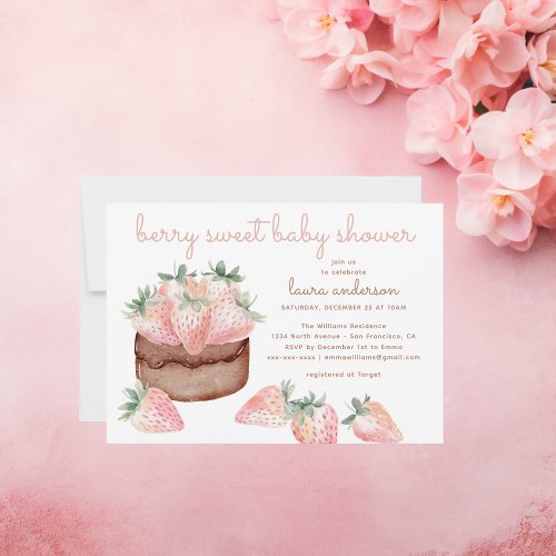 Watercolor strawberry cake berry sweet baby shower invitation