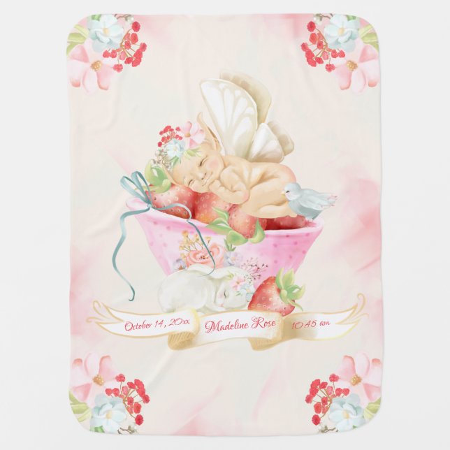 Watercolor Strawberry Fairy Baby Receiving Baby Blanket (Front)