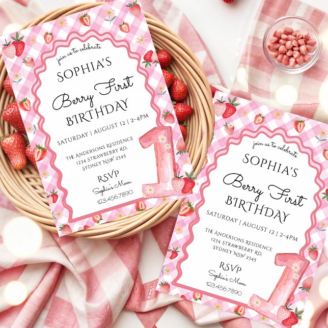 Watercolor Strawberry First 1st Birthday Invitation (Creator Uploaded)