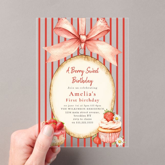 Watercolor Strawberry First Birthday Acrylic  Invitations (Insitu (Handheld))