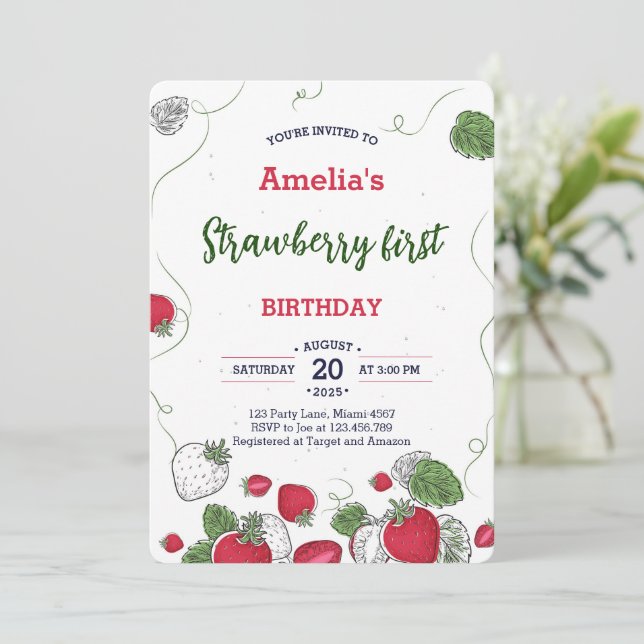 Watercolor Strawberry First Birthday Sweet Invitation (Standing Front)