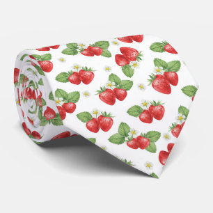 Watercolor Strawberry Fruit and Blossom Neck Tie
