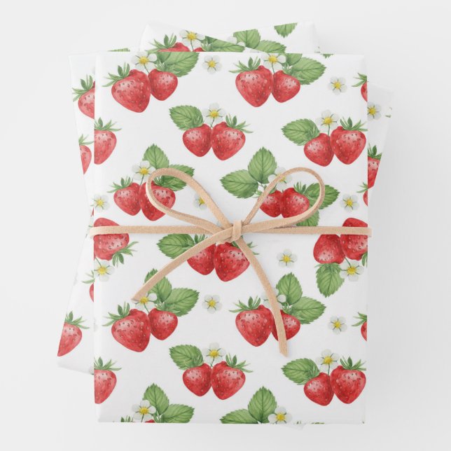 Watercolor Strawberry Fruit and Flowers  Wrapping Paper Sheets (In situ)