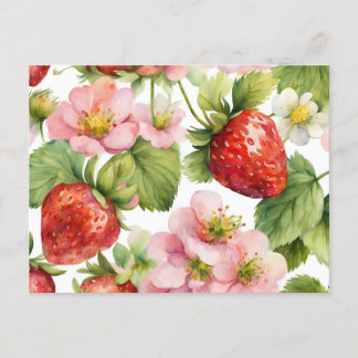 Watercolor Strawberry Fruit and Pink Flowers Postcard