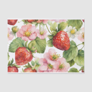 Watercolor Strawberry Fruit and Pink Flowers Tissue Paper