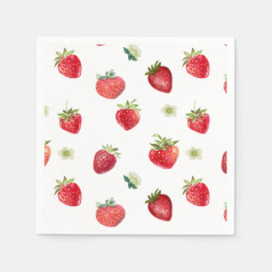 Watercolor Strawberry Fruit and Strawberry Flowers Napkins