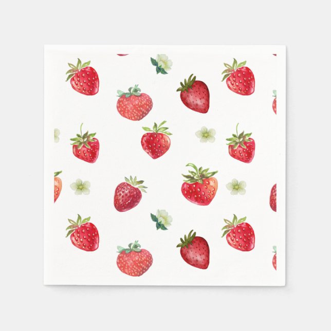 Watercolor Strawberry Fruit and Strawberry Flowers Napkins (Front)
