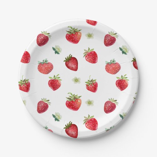 Watercolor Strawberry Fruit and Strawberry Flowers Paper Plates