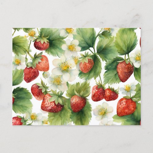 Watercolor Strawberry Fruit and Strawberry Flowers Postcard