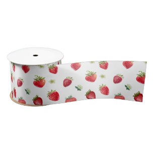 Watercolor Strawberry Fruit and Strawberry Flowers Satin Ribbon