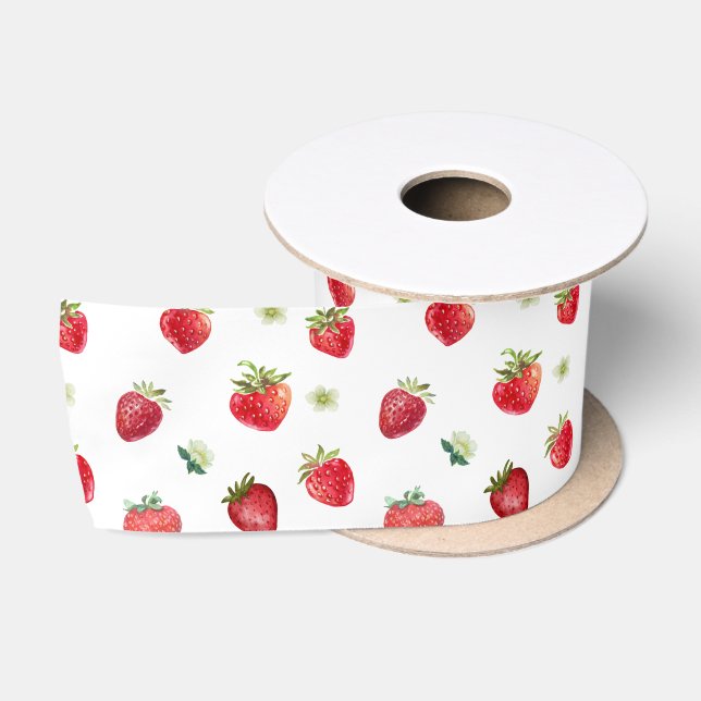 Watercolor Strawberry Fruit and Strawberry Flowers Satin Ribbon (Spool)