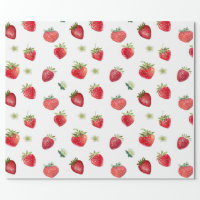 Watercolor Strawberry Fruit and Strawberry Flowers Wrapping Paper