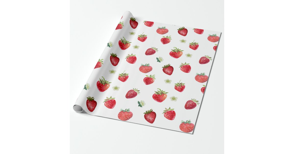 Watercolor Strawberry Fruit and Strawberry Flowers Wrapping Paper