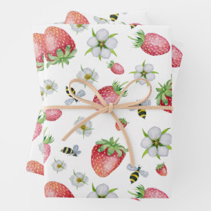 Watercolor Strawberry Fruit, Bees and Flowers Wrapping Paper Sheets