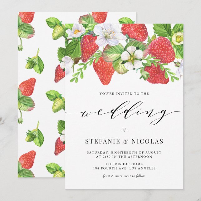 Watercolor Strawberry Garland Botanical Wedding Invitation (Front/Back)