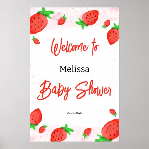 Watercolor Strawberry Girl Baby Shower Welcome  Poster