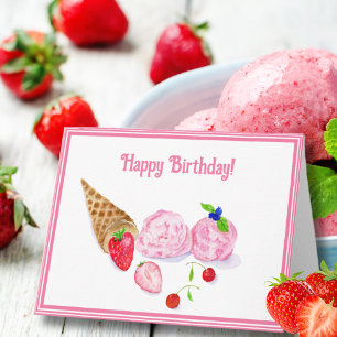 Watercolor Strawberry Ice Cream Cherries Birthday Card