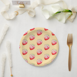 watercolor strawberry in yellow paper plates