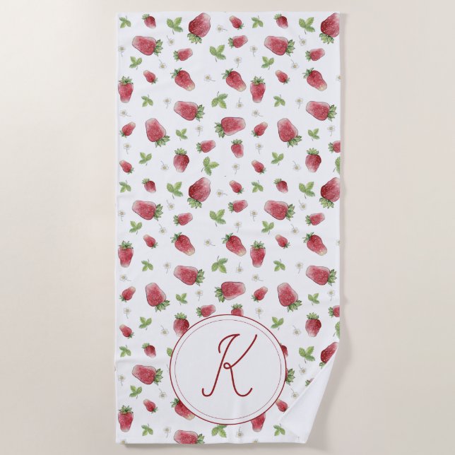 Watercolor Strawberry Monogram Beach Towel (Front)