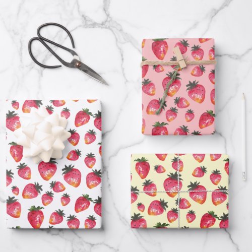 Watercolor Strawberry Pattern Hand_Painted Boho Wrapping Paper Sheets