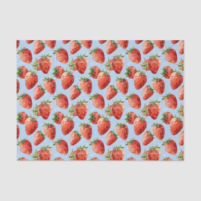 Watercolor Strawberry Pattern Light Blue Decoupage Tissue Paper (Front)