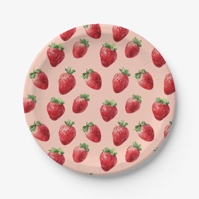 Watercolor Strawberry Pattern Pastel Pink Paper Plates (Front)